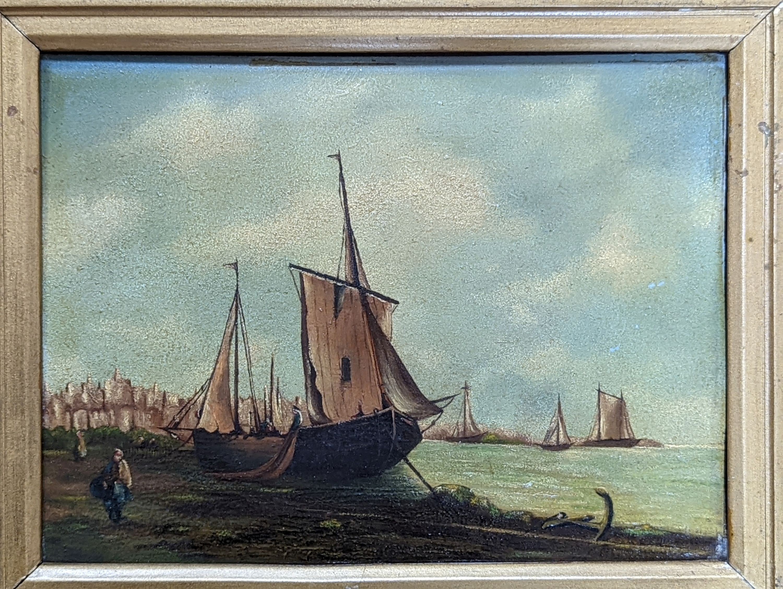 19th century Primitive School, pair of oils on panels, Fishing boats along the shore, 22 x 30cm